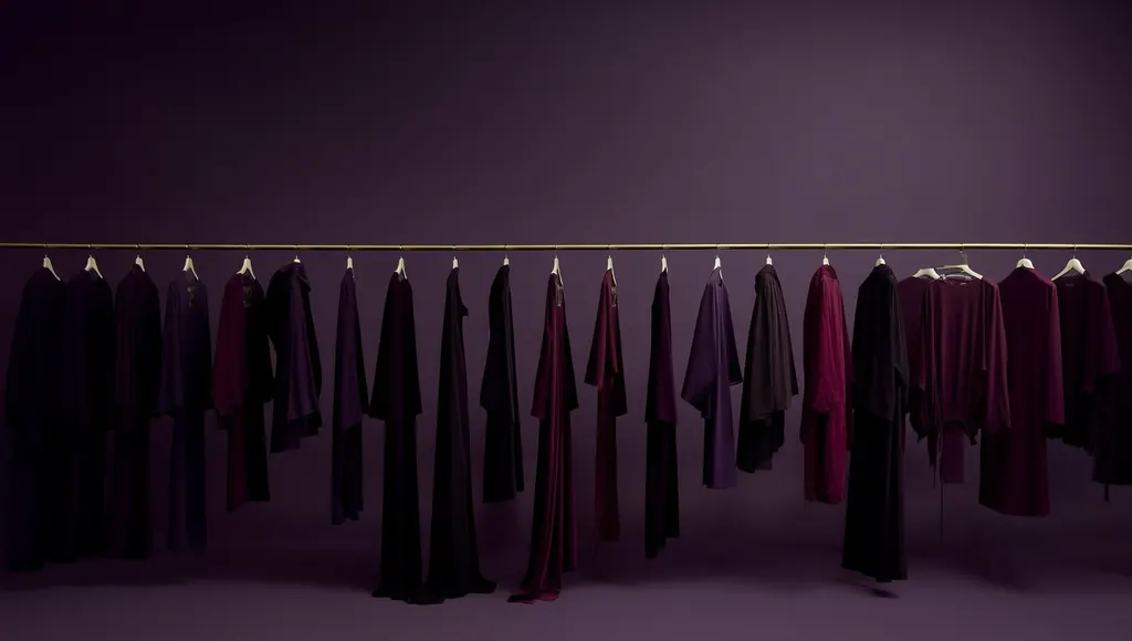 A brass rail hung with modest garments against a plum wall