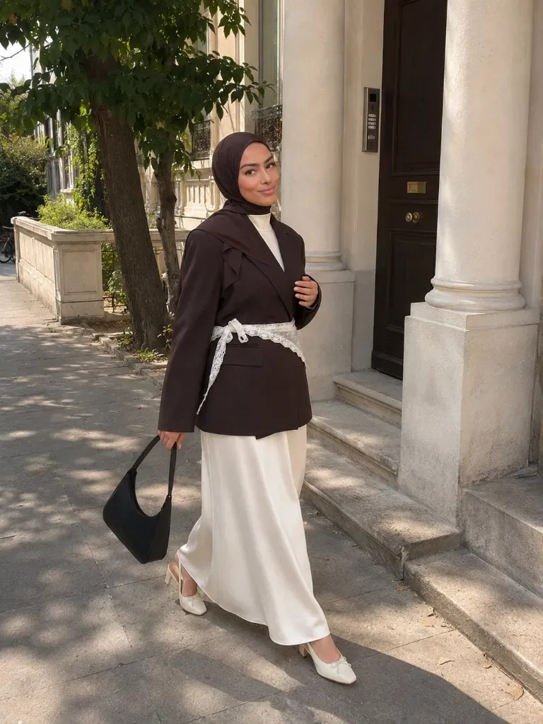 A woman in a brown blazer and cream satin skirt with a white lace belt tied at the waist