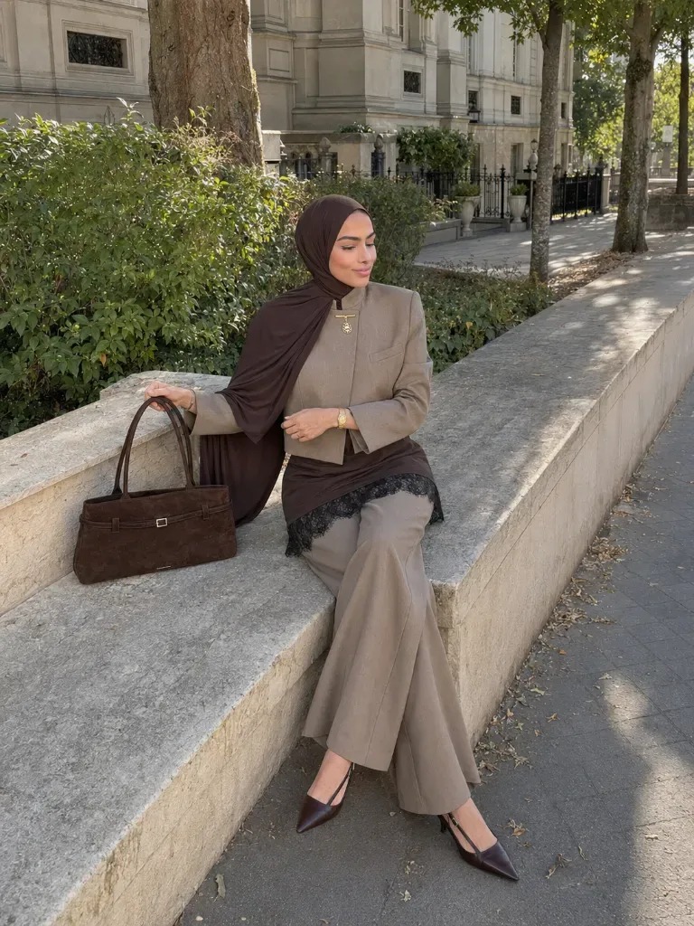 A woman in a taupe suit with a black lace hem showing under the jacket