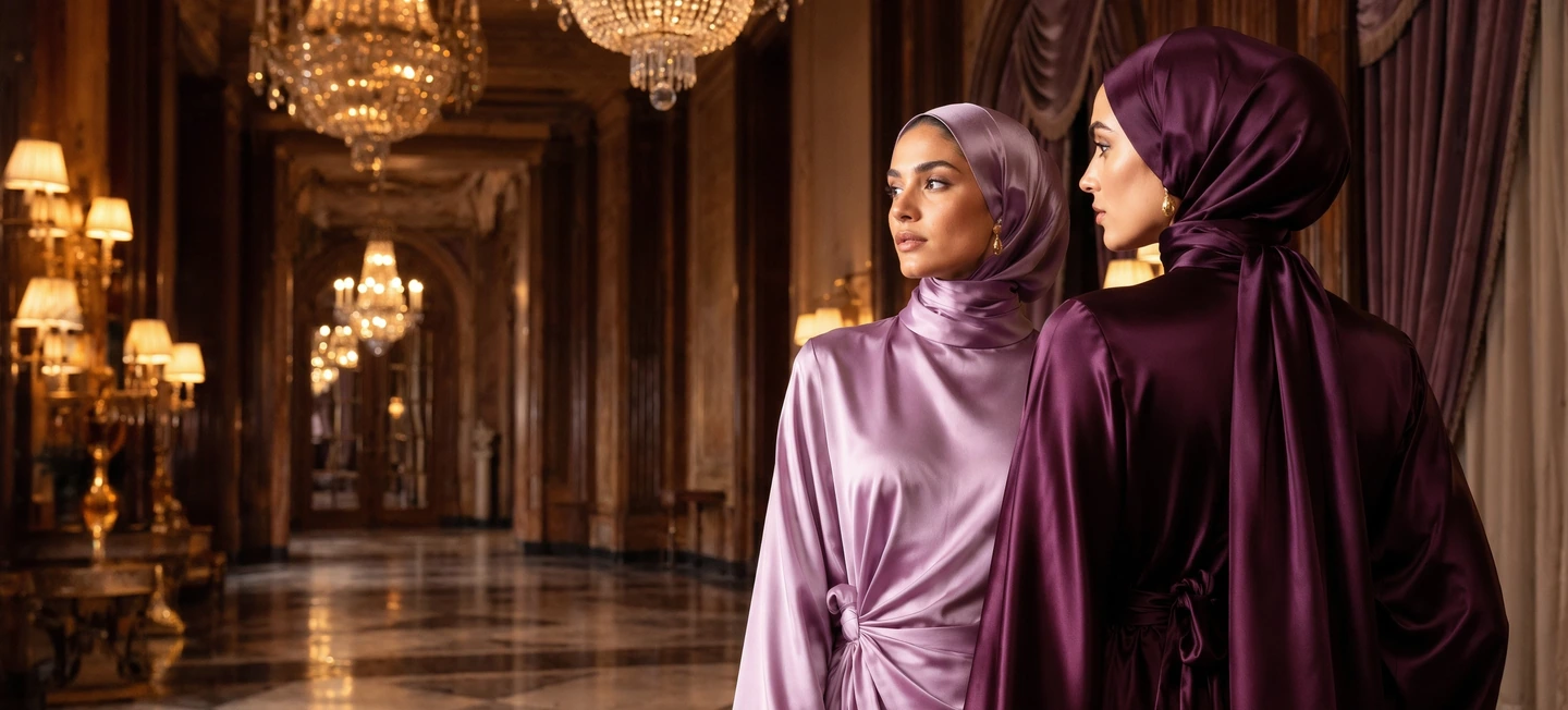 Two women in satin hijabs and abayas in an ornate, chandelier-lit hallway