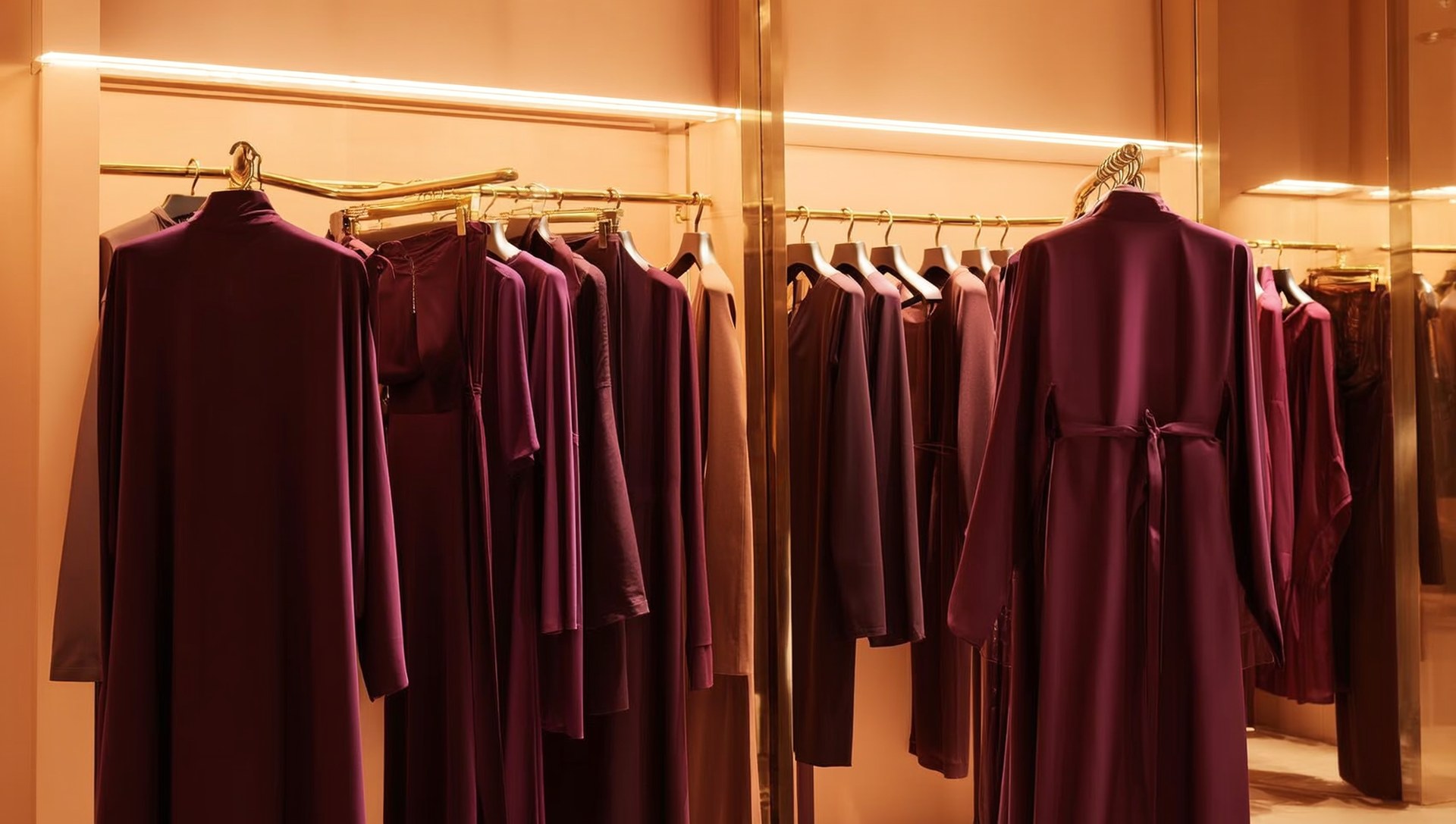 A rail of aubergine modest dresses in a boutique